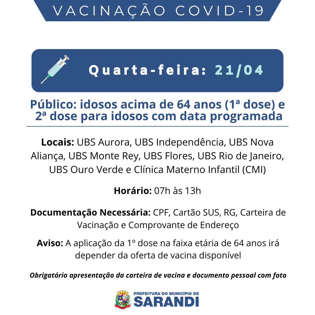 Cronograma de Vacinação contra Covid-19 - Quarta-feira - 21/04/2021